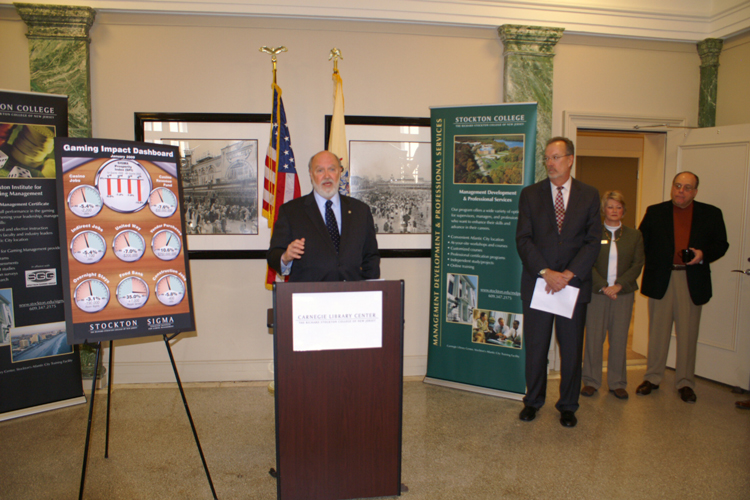 Senator Jim Whelan, D-Atlantic, and Stockton University President Herman J. Saatkamp, Jr. unveil a new project at Stockton’s Institute of Gaming Management (SIGMA) to provide key measures on how the Atlantic City gaming industry’s downturn impacts the lives of individuals and families throughout the State of New Jersey.