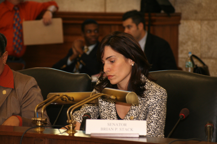 Senator Teresa Ruiz, D-Essex and Union, listens to testimony at the Senate Budget Committee meeting on Governor Corzine's toll road plan.