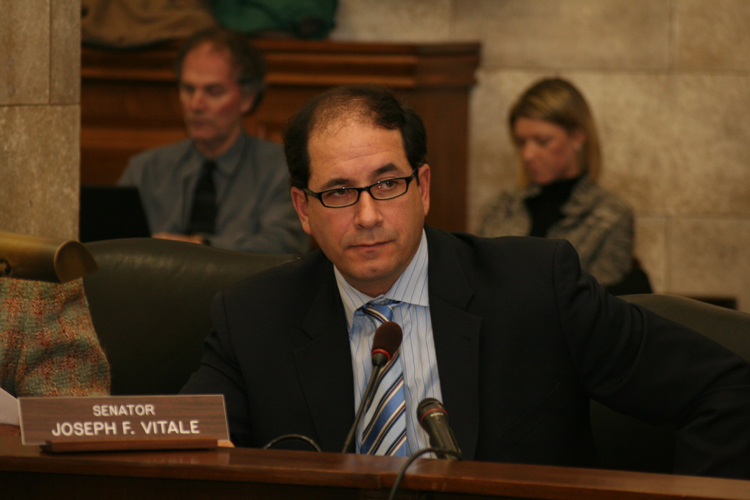 Senator Joseph Vitale, D-Middlesex, listens to testimony at the Senate Budget Committee hearing on the Governor's toll road plan.