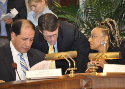 Senators Nia Gill, D-Essex, Passaic, and Joseph F. Vitale, D-Middlesex, speak to one another during today’s Senate Judiciary Committee hearing on S-1, legislation that would establish marriage equality in New Jersey.  The bill was released from the Committee with a vote of 8-4, along party lines.  The bill now heads to the full Senate for consideration.