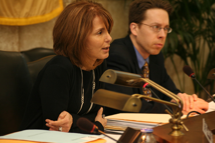 Senate Budget & Appropriations Committee Chair Barbara Buono listens to testimony during a committee hearing.