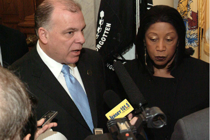 Senate President Steve Sweeney, D-Gloucester, Cumberland and Salem, and Assembly Speaker Sheila Oliver, D-Essex and Passaic, speak with reporters after Governor Christie's address to the joint legislative session on mid-year budget solutions.