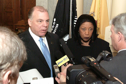 Senate President Steve Sweeney, D-Gloucester, Cumberland and Salem, and Assembly Speaker Sheila Oliver, D-Essex and Passaic, speak with reporters after Governor Christie's address to the Legislature regarding mid-year budget solutions.