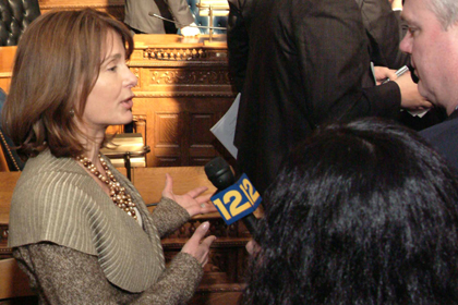 Senate Majority Leader Barbara Buono, D-Middlesex, speaks with reporters regarding Governor Chris Christie's address introducing more than $2 billion in mid-year budget solutions.