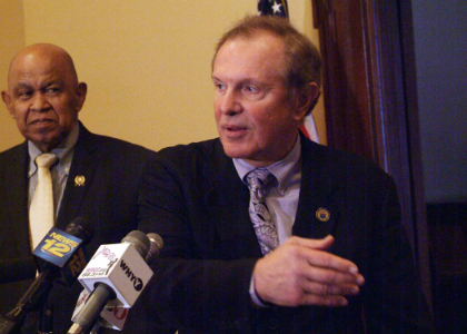 Senator Raymond J. Lesniak, D-Union, the Chairman of the Economic Growth Committee, speaks at a news conference at the Statehouse announcing the introduction of legislation sponsored by himself and Senator Barbara Buono which would begin to address the foreclosure and affordable housing crises facing New Jersey. The bill, S-1566, would establish a central agency under the New Jersey Housing and Mortgage Finance Agency (HMFA) to use funds from the State Affordable Housing Trust Fund to purchase and deed-restrict foreclosed properties to be used as affordable housing. The bill would also create incentives for municipalities to transition foreclosed properties to affordable housing, giving them a 2-to-1 match against their affordable housing obligation for affordable units created from foreclosed properties. Senator Lesniak said the bill could result in 10,000 new affordable units and 10,000 less unoccupied, boarded-up properties. Also pictured is Assembly Speaker Pro Tempore Jerry Green.