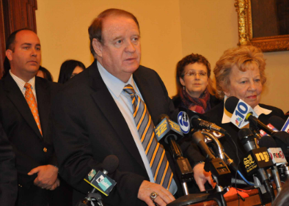 Senator Richard J. Codey, D-Essex, Morris, speaks at a news conference at the Statehouse regarding the passage of S-1, legislation that would establish marriage equality in New Jersey. The bill is sponsored by Senate Majority Leader Loretta Weinberg, D-Bergen, Senator Raymond J. Lesniak, D-Union and Senate President Stephen P. Sweeney, D-Salem, Cumberland, Gloucester. The bill passed the full Senate of 24-16. It now heads to the Assembly for further consideration. Also pictured is Senate Majority Leader Loretta Weinberg.