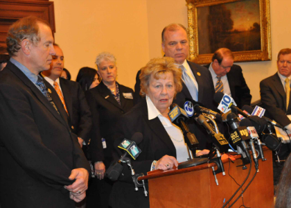 Senate Majority Leader Loretta Weinberg, D-Bergen, speaks at a news conference at the Statehouse regarding the passage of S-1, legislation that would establish marriage equality in New Jersey. The bill is sponsored by the Senate Majority Leader along with Senator Raymond J. Lesniak, D-Union and Senate President Stephen P. Sweeney, D-Salem, Cumberland, Gloucester. The bill passed the full Senate of 24-16. It now heads to the Assembly for further consideration. Also pictured are the Senate President, Senator Lesniak, Senator Richard J. Codey, D-Essex, Morris and Senator Bob Gordon, D-Bergen, Passaic.