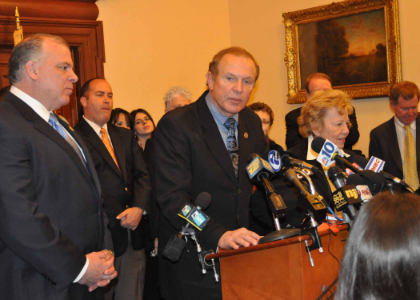 Senator Raymond J. Lesniak speaks at a news conference at the Statehouse regarding the passage of S-1, legislation that would establish marriage equality in New Jersey. The bill is sponsored by Senator Lesniak along with Senate Majority Leader Loretta Weinberg, D-Bergen and Senate President Stephen P. Sweeney, D-Salem, Cumberland, Gloucester. The bill passed the full Senate of 24-16. It now heads to the Assembly for further consideration. Also pictured are the Senate President, the Senate Majority Leader and Senator Bob Gordon, D-Bergen, Passaic.