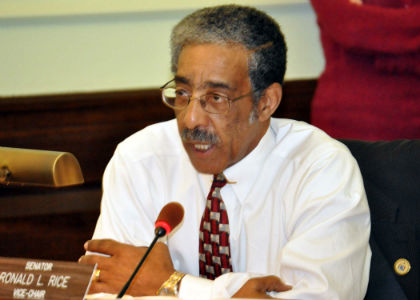 Senator Ronald L. Rice, D-Essex, speaks during a meeting of the Senate Community and Urban Affairs Committee.