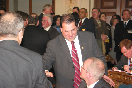 Senator Paul Sarlo (center), D-Bergen, Essex and Passaic, speaks with Assemblymen Reed Gusciora (left) and Jeff Van Drew (right)