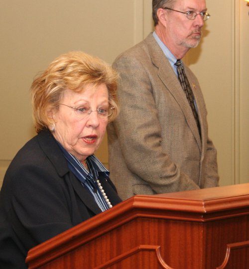 Senator Loretta Weinberg, D-Bergen, speaks while Assemblyman Jim Whelan, D-Atlantic, looks on at a news conference to unveil their legislation to give elderly and disabled residents a choice in receiving home health care in New Jersey.