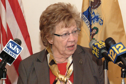 State Senator Loretta Weinberg, D-Bergen, the Chairwoman of the Senate Health, Human Services and Senior Citizens Committee, explains during a Statehouse news conference how cuts in charity care will result in more pressure on New Jersey hospitals, less services, more hospital closures, and higher premiums on people who have health insurance and subsidize care for those who do not.