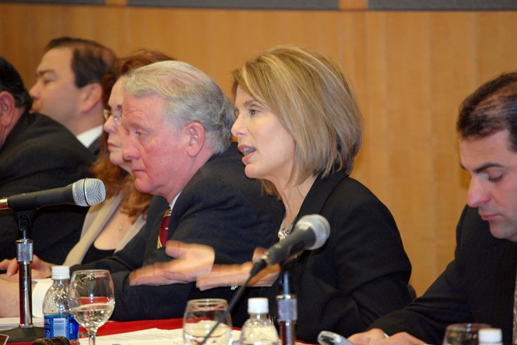 Senate Budget and Appropriations Committee Chair, Senator Barbara Buono, D-Middlesex, addresses a participant in the Committee's first public hearing regarding Governor Corzine's propsed FY 2009 Budget.