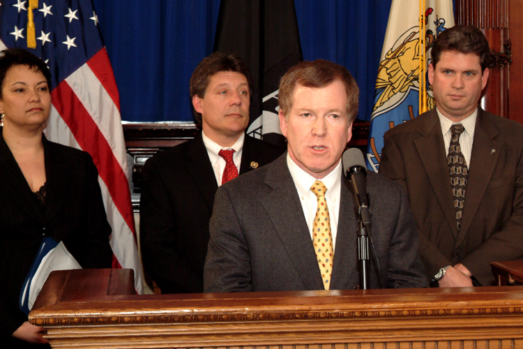 Senator Bob Gordon, D-Bergen, a sponsor of legislation which would impose a moratorium on the taking of horseshoe crabs to protect the food supply for the endangered red knot shorebird, speaks at a ceremonial bill signing of the legislation in the Governor