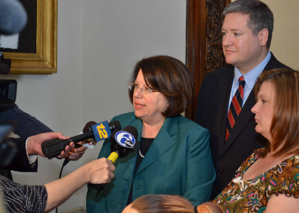 Senator Linda R. Greenstein (D-Middlesex/Mercer) speaks to the press after the bill signing of Jessica Rogers Law today, legislation that upgrades the assault by auto statute for those who are driving in an aggressive manner, also known as road rage.  Also pictured is Assemblyman Dan Benson.