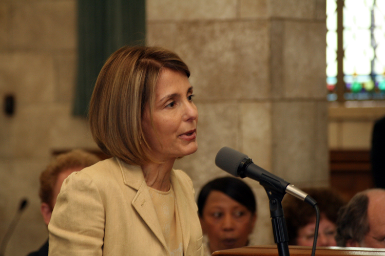 Senate Budget and Appropriations Committee Chair Barbara Buono, D-Middlesex, speaks at the bill signing ceremony for S-786, which she sponsored with Senate Majority Leader Steve Sweeney, D-Gloucester, to establish paid family leave in New Jersey.