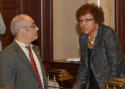 Senator Shirley K. Turner, D-Mercer and Hunterdon, speaks with her district-mate, Assemblyman Reed Gusciora, before the start of a Senate Session.