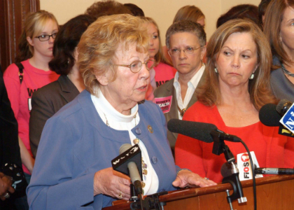 While Assemblywoman Linda Stender, D-Union, looks on, Senator Loretta Weinberg, B-Bergen, speaks at a news conference at the Statehouse urging Governor Christie to act on her legislation to restore funding for family planning and women’s health services which was cut in the FY 2011 Budget.