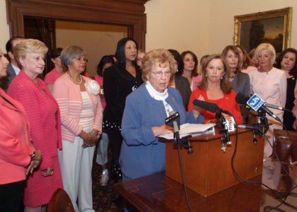 Surrounded by supports from both the State Legislature and women’s health organizations, Senator Loretta Weinberg, D-Bergen, speaks at a news conference at the Statehouse urging Governor Christie to restore funds to family planning and women’s health services which was cut in the FY 2011 Budget.