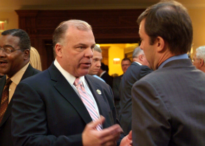 Senate President Stephen M. Sweeney, D-Gloucester, Cumberland and Salem, speaks with Minority Leader Tom Kean, Jr., R-Union, Essex, Morris and Somerset, before the Governor’s address to a Joint Legislative Session on property tax reform.