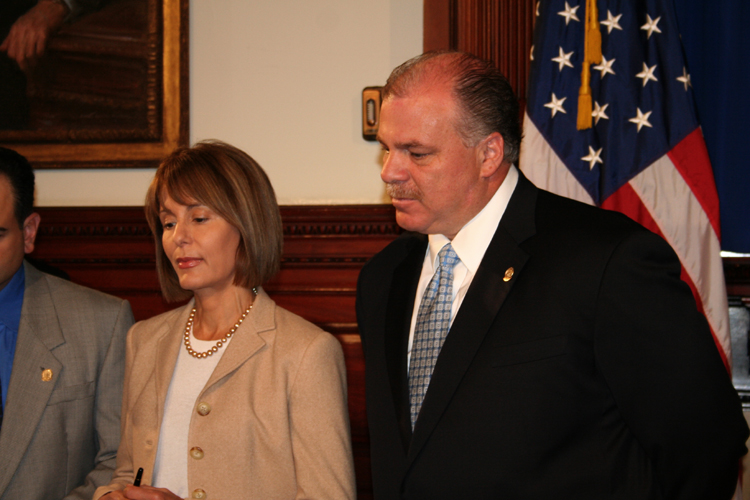 Senator Barbara Buono (D-Middlesex) and Senate Majority Leader, Stephen Sweeney (D-Salem, Cumberland, Gloucester) at the bill signing for Pension and Benefits Reform
