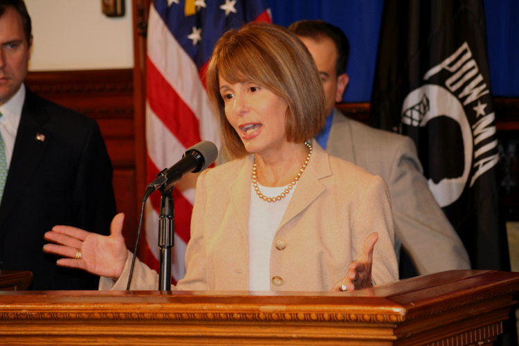Senator Barbara Buono (D-Middlesex) speaking at the bill signing for Pension and Benefits Reform.