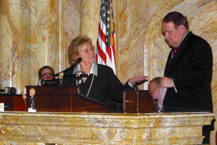 State Senator Loretta Weinberg, D-Bergen, speaks during her swearing-in ceremony in the Senate Chambers.