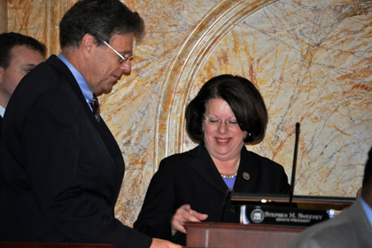 Senator Linda Greenstein and husband Michael prior to her swearing-in.