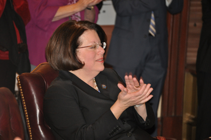 Senator Linda Greenstein, D-Middlesex and Mercer, on the floor of the State Senate.