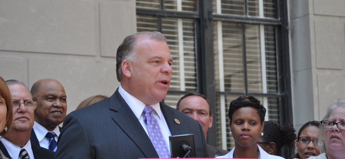 Senate President Sweeney addresses the audience at the Women's Lobby Day Rally
