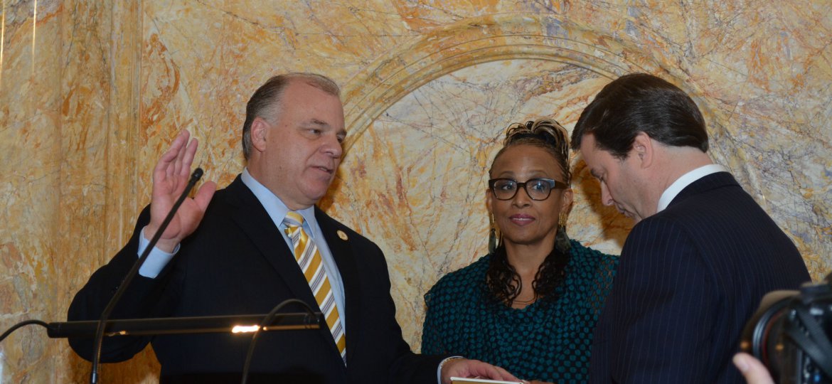 Steve Sweeney is sworn in as New Jersey Senate President by Assistant Majority Leader Donald Norcross and Senate President Pro Temp Nia Gill.
